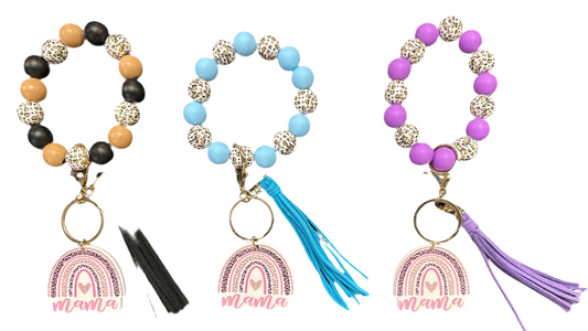 Silicone Beaded Bracelet Keyring w/ Tassel & Mama Rainbow
