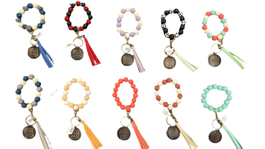Wood Beaded Bracelet Keyring w/ Tassel & Mama Tag