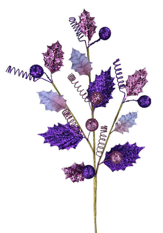 17" Glitter Holly Leaves & Ball Spray: Purple