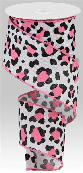 Leopard Print Ribbon: White, Black & Pink (10 Yards)