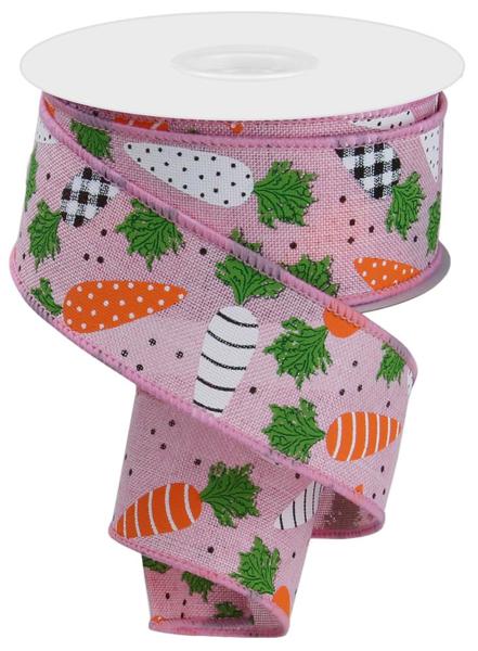 1.5" Patterned Carrots/Royal Burlap Ribbon: Pink (10 Yards)
