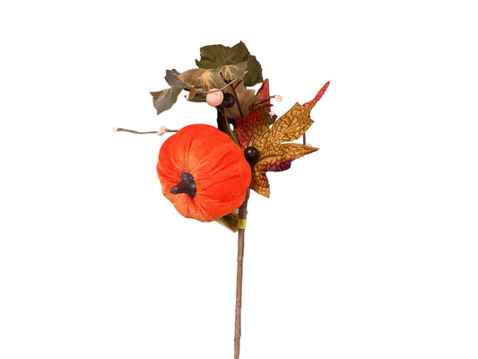Velvet Pumpkin Berry Leaves Pick 14" Orange