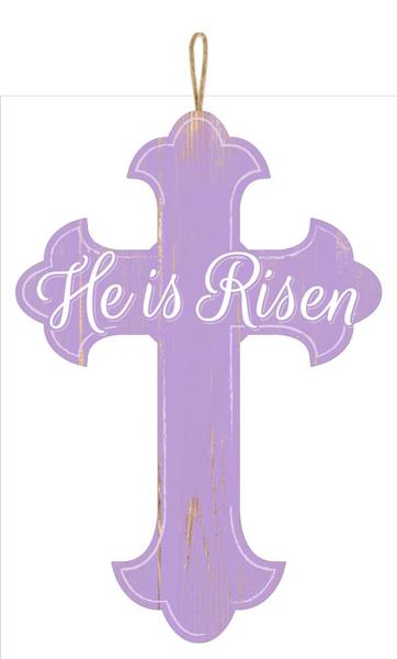 16" Wooden Sign: Lavender He is Risen Cross