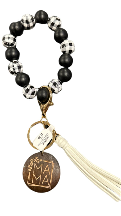 Wood Beaded Bracelet Keyring w/ Tassel & Mama Tag