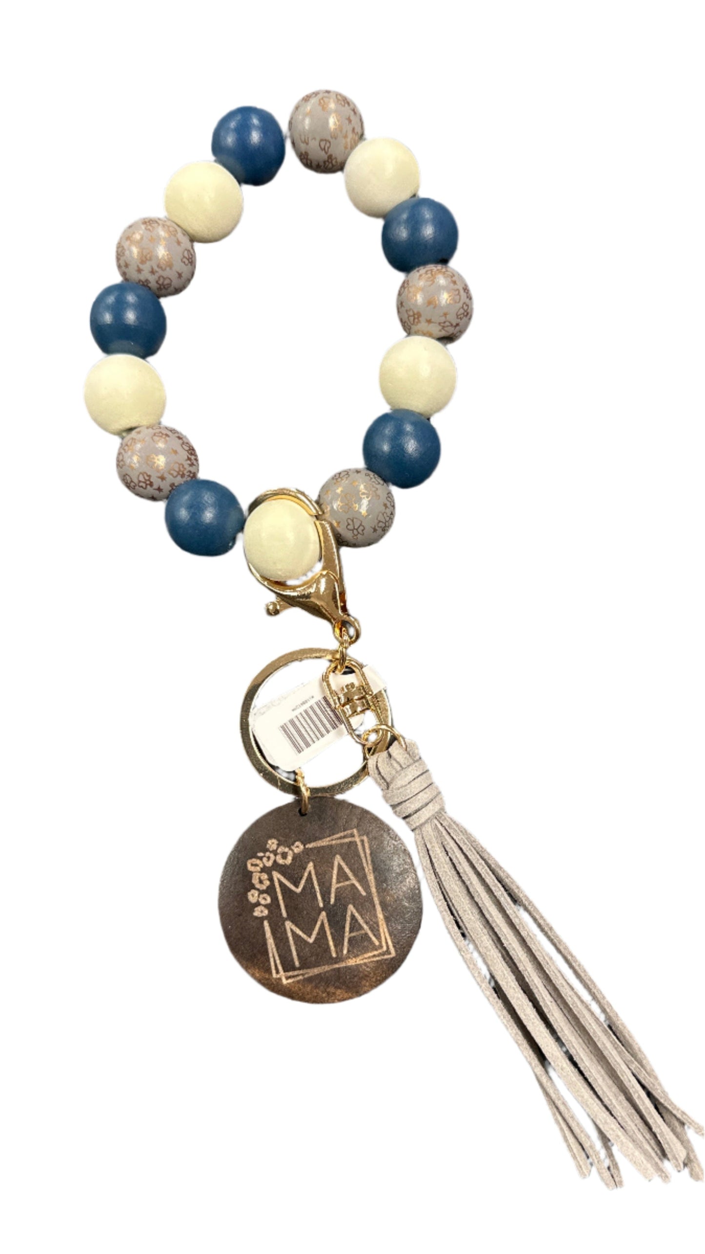 Wood Beaded Bracelet Keyring w/ Tassel & Mama Tag