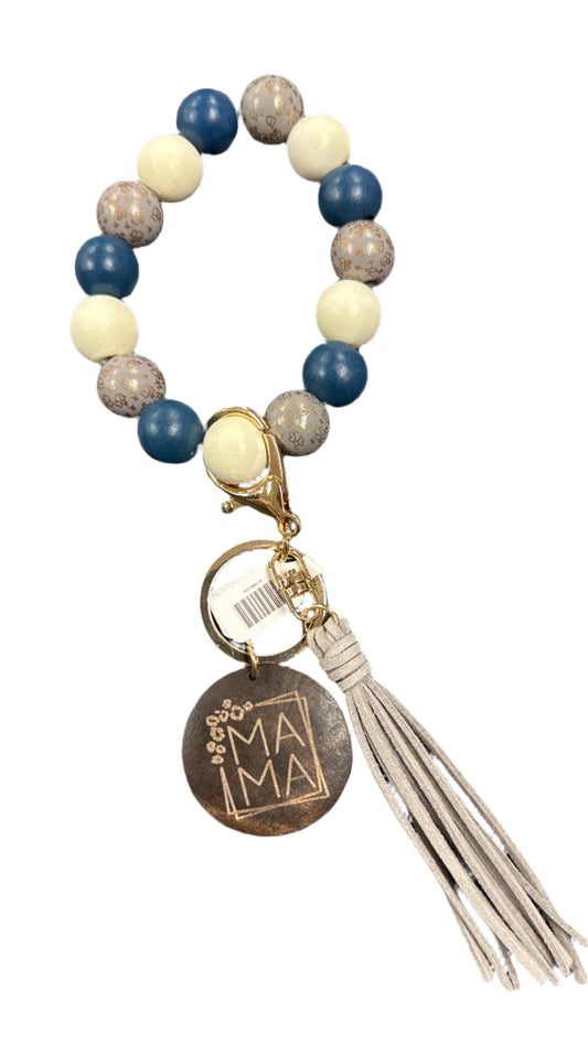 Wood Beaded Bracelet Keyring w/ Tassel & Mama Tag