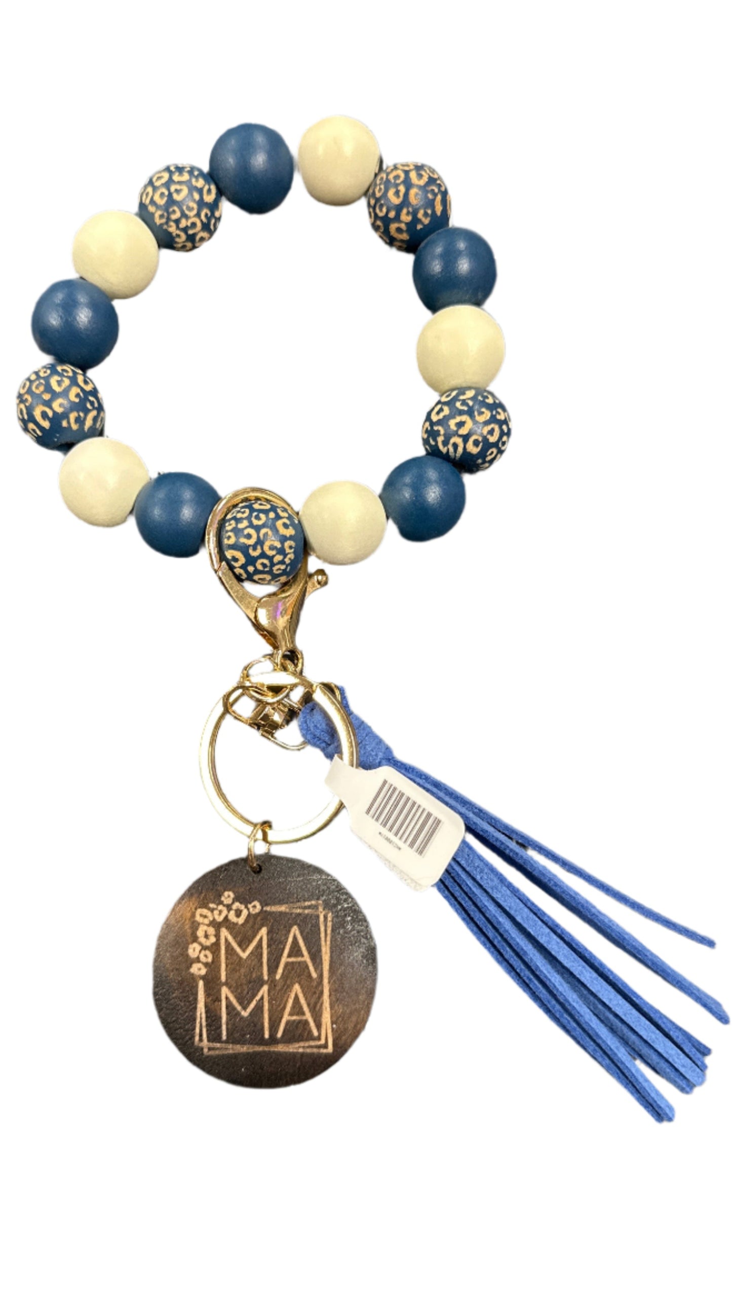 Wood Beaded Bracelet Keyring w/ Tassel & Mama Tag