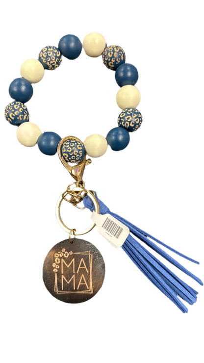 Wood Beaded Bracelet Keyring w/ Tassel & Mama Tag