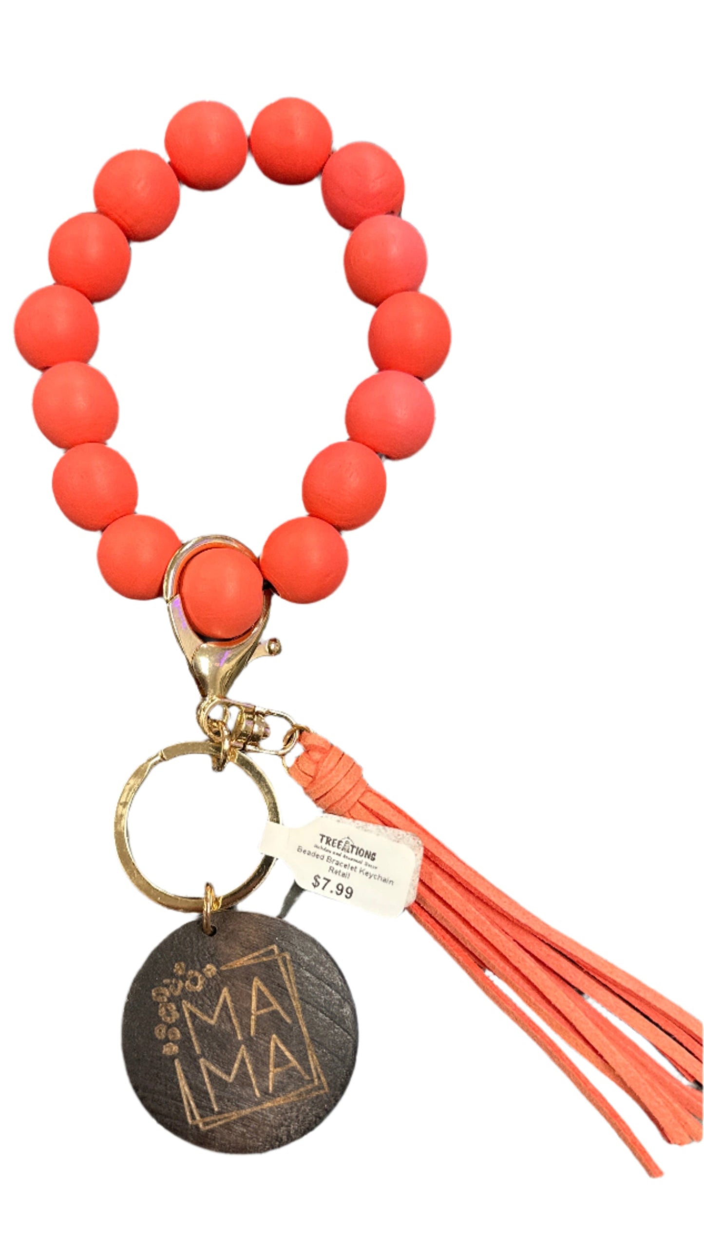 Wood Beaded Bracelet Keyring w/ Tassel & Mama Tag