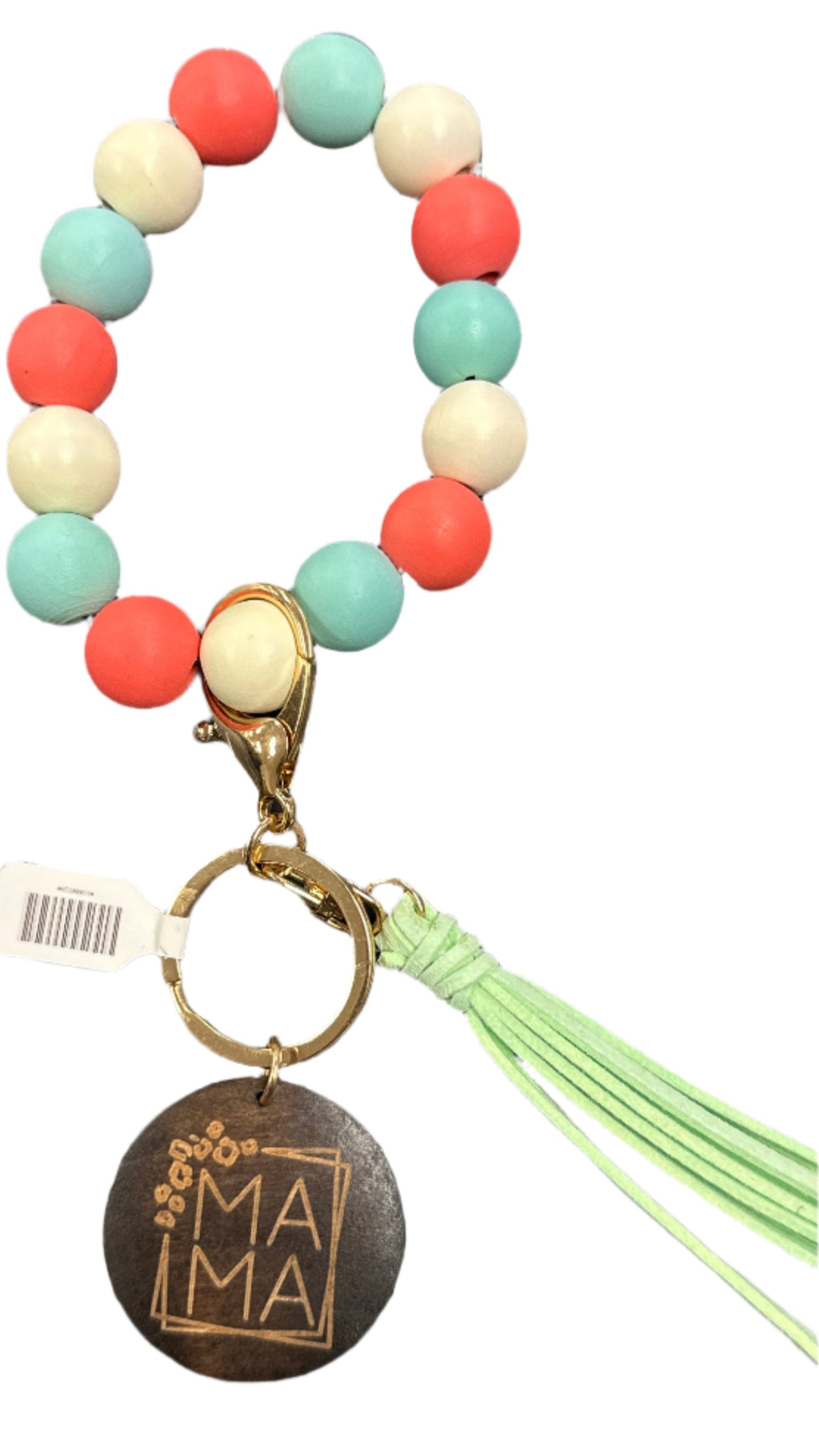 Wood Beaded Bracelet Keyring w/ Tassel & Mama Tag