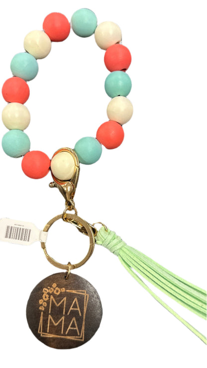 Wood Beaded Bracelet Keyring w/ Tassel & Mama Tag