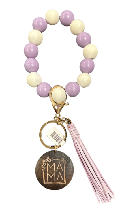 Wood Beaded Bracelet Keyring w/ Tassel & Mama Tag
