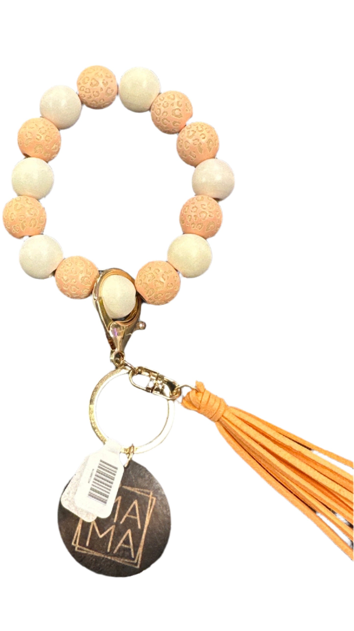 Wood Beaded Bracelet Keyring w/ Tassel & Mama Tag