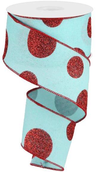 2.5" Large Glittered Dots Ribbon: Iced Blue & Red (10 Yards)