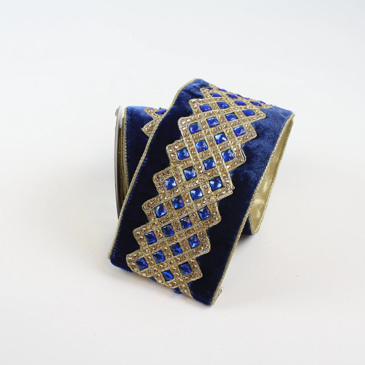Farrisilk 4"x 5yds Velvet Bejeweled Lattice Indigo