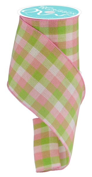 4" Light Pink/Green/White Woven Check Ribbon - 10 Yards