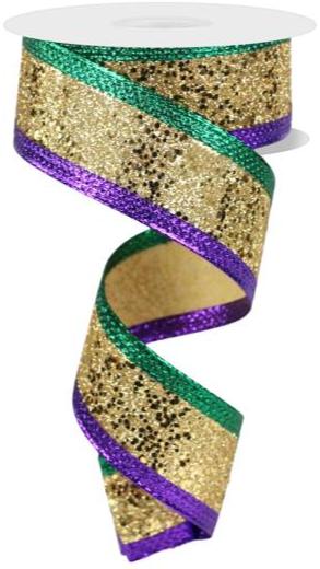 1.5" Mardi Gras Large Glitter w/Metallic Ribbon - 10 Yards