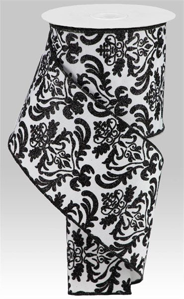 4" Bold Damask/Faux Dupioni Ribbon: Black & White (10 Yards)