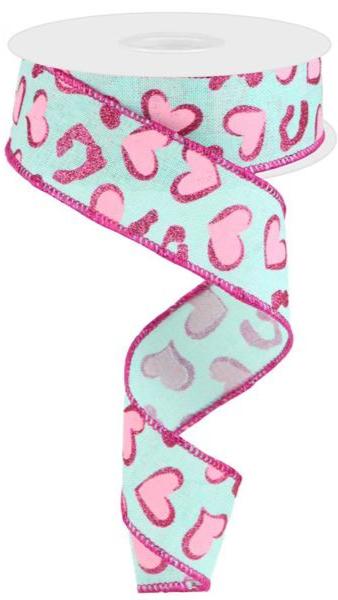 1.5" Heart Leopard Spots Ribbon: Pink & Mint (10 Yards)