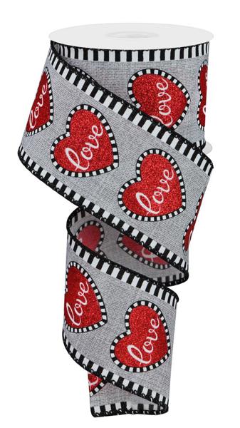 2.5" Love Glitter Heart w/ Stripe Ribbon (10 Yards)