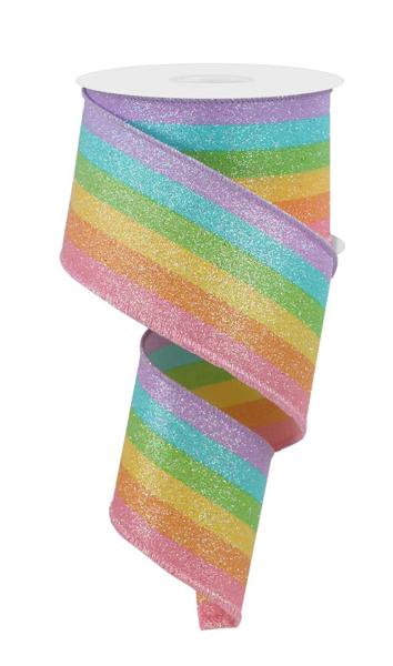 2.5" Vertical Stripe/Glitter Ribbon: Pastel Rainbow (10 Yards)