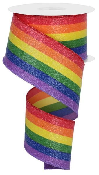 2.5" Vertical Stripe/Glitter Ribbon: Rainbow (10 Yards)