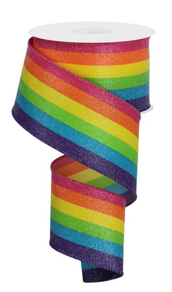 2.5" Vertical Stripe/Glitter Ribbon: Dark Rainbow (10 Yards)