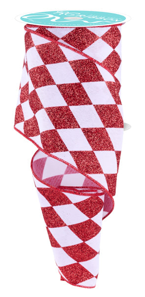 4" White/Red Glitter Harlequin Check Ribbon - 10 Yards