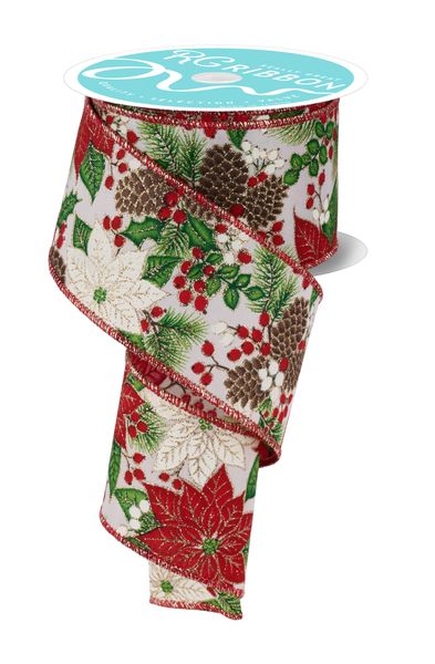 Poinsettia Foliage/Pinecones Ribbon