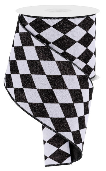 4" Double Layer Harlequin/Glitter Ribbon: Black & White (10 Yards)