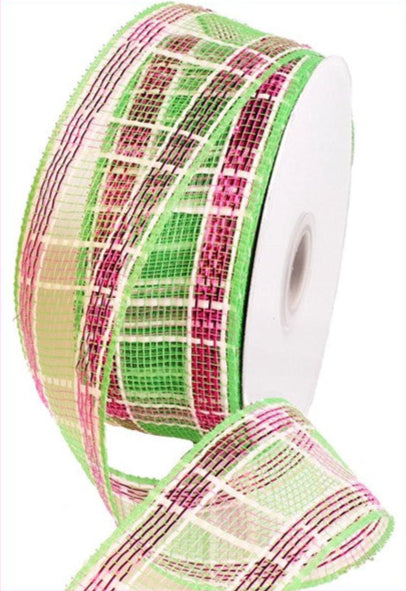 2.5" Stripe Mesh Ribbon: Green, Pink, White (25 Yards)