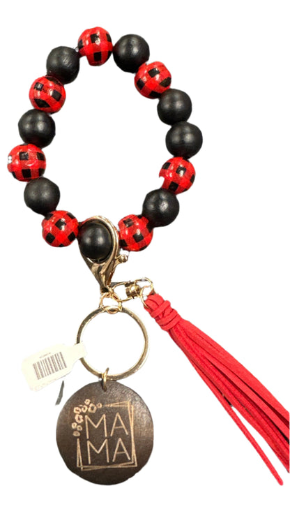 Wood Beaded Bracelet Keyring w/ Tassel & Mama Tag