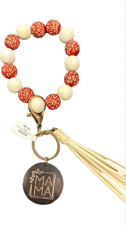 Wood Beaded Bracelet Keyring w/ Tassel & Mama Tag
