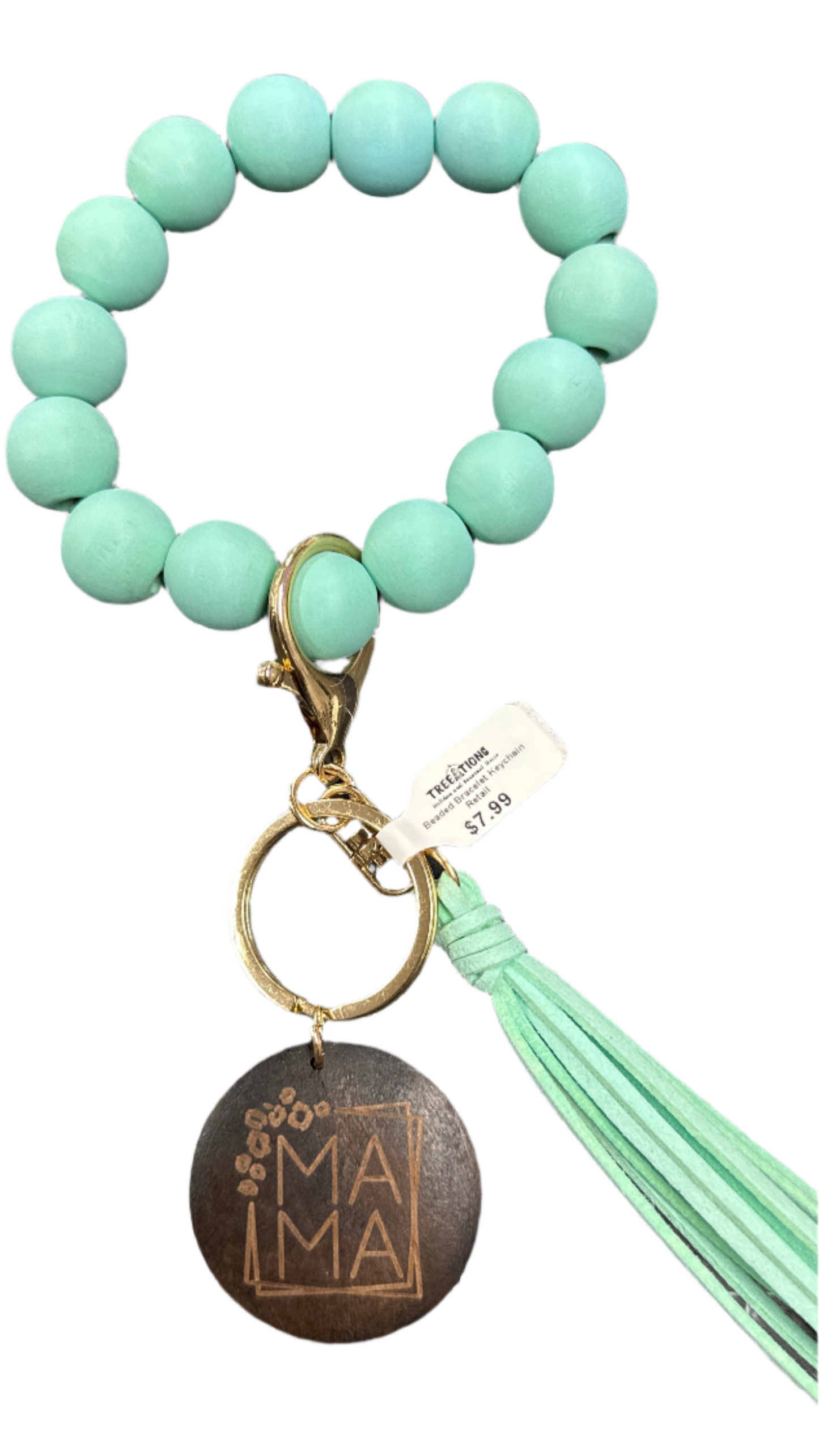 Wood Beaded Bracelet Keyring w/ Tassel & Mama Tag