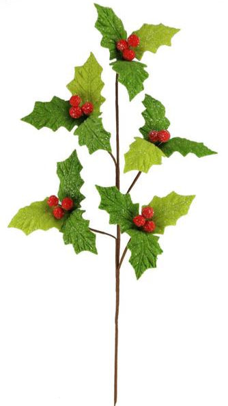 29"L Felt/Glitter Holly Leaf Spray: Red