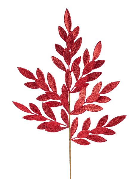 32"L Glitter Bay Leaf Spray- Red