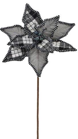 23.5" Plaid Poinsettia Stem: Black, White, & Grey