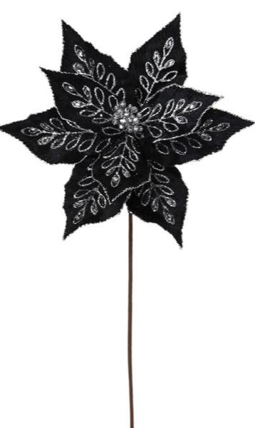 21"L Velvet/Diamond Poinsettia Stem: Black