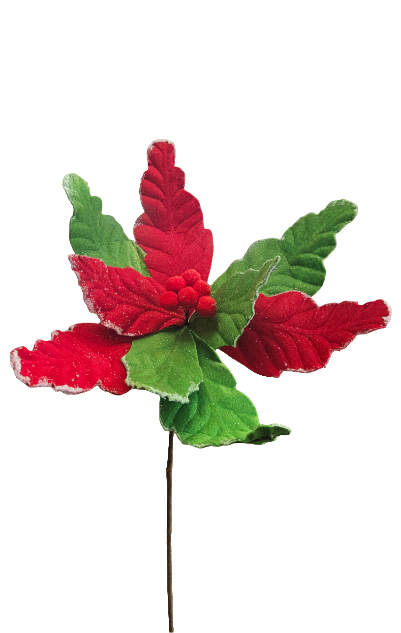 22" Frosted Felt Poinsettia: Red & Green