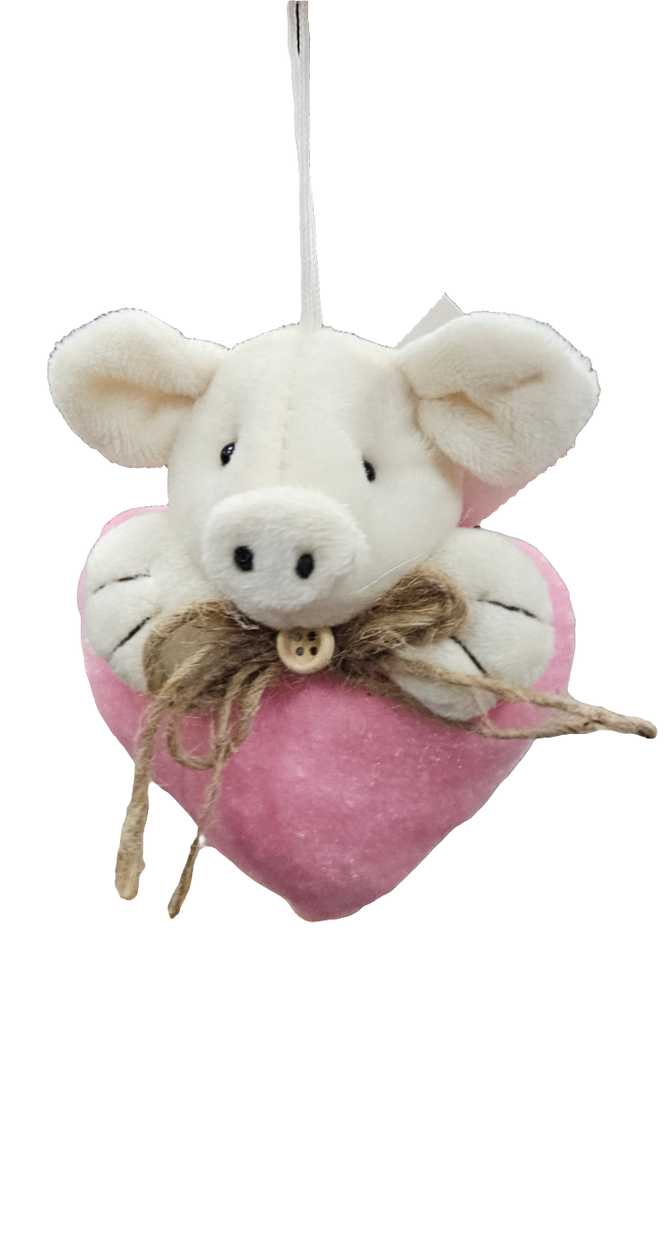 5"H Fabric Pig On Heart W/Hanger: Assortment