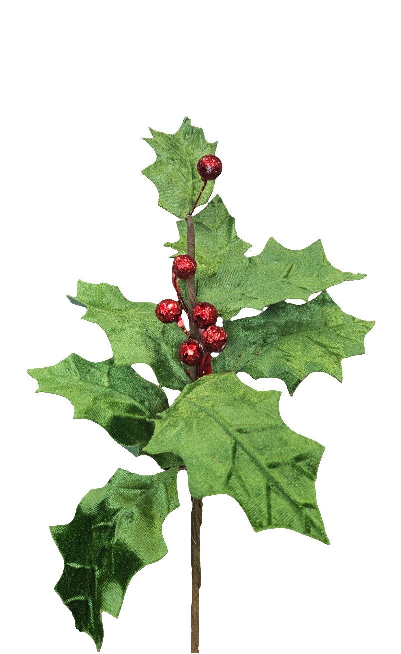 15" Sparkling Green Velvet Holly Spray