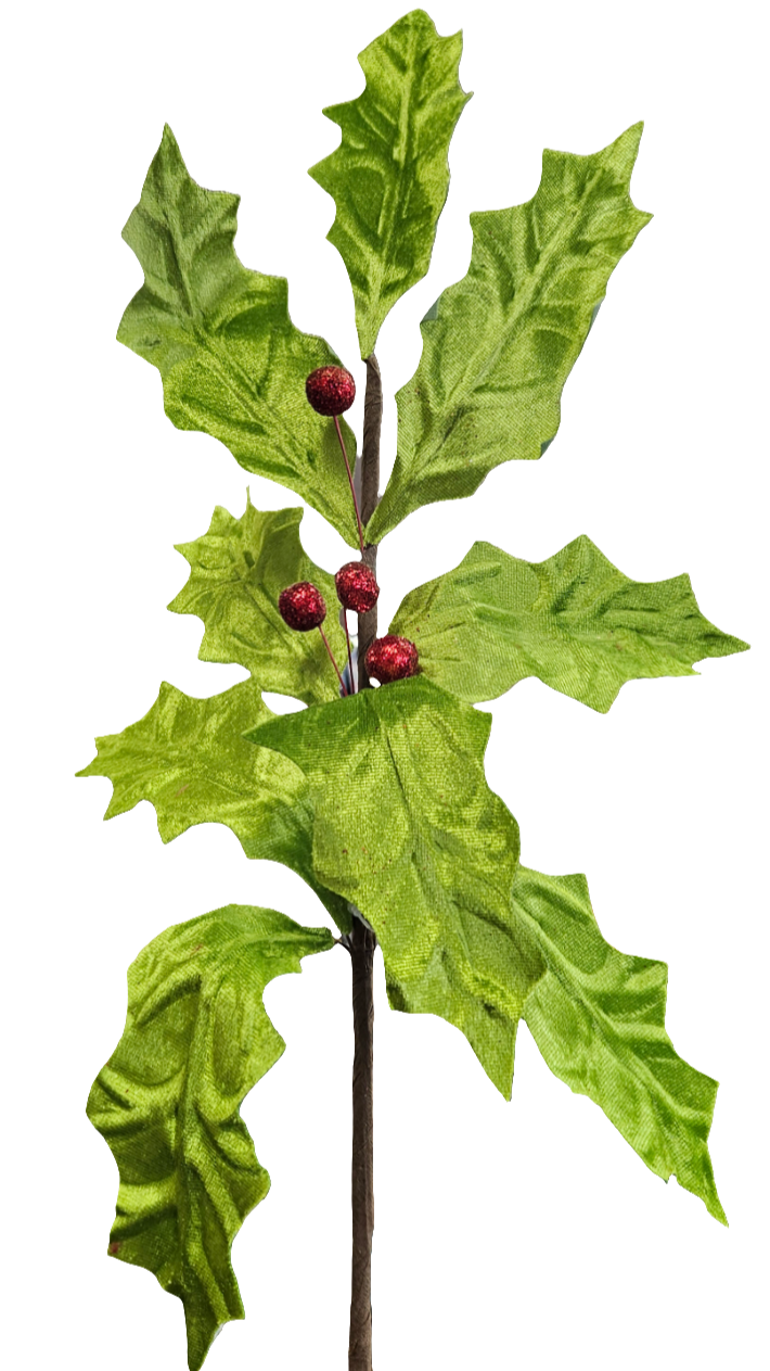 22" Green Velvet Holly Spray