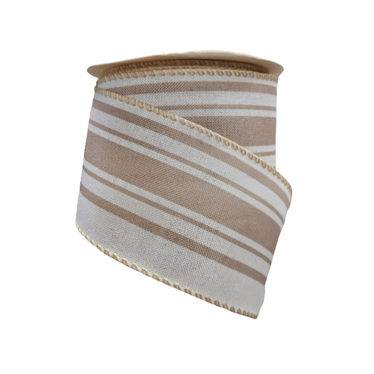 2.5" Triple Stripe Ribbon: Taupe & White (10 Yards)