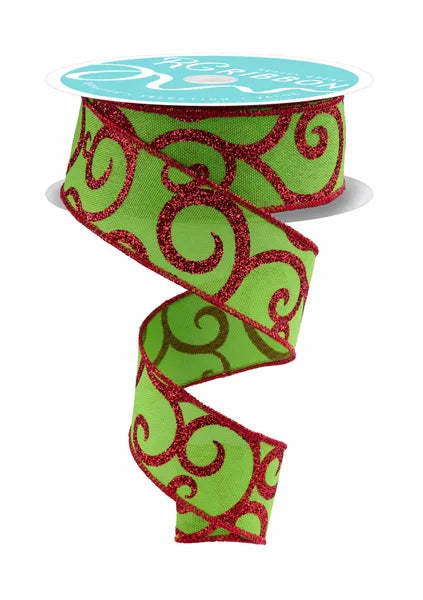 1.5" x 10yd Glitter Swirl Green/Red