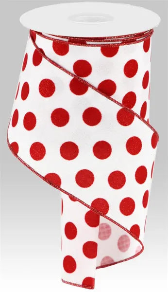 4"x10yds Velvet/Glitter Polka Dots Wht/Red