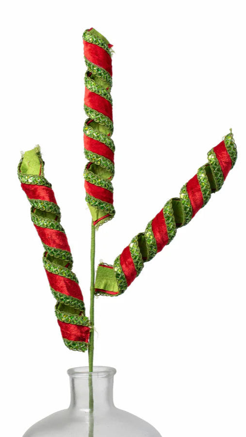 28" Velvet and Sequin Trim Curly Spray: Red & Green